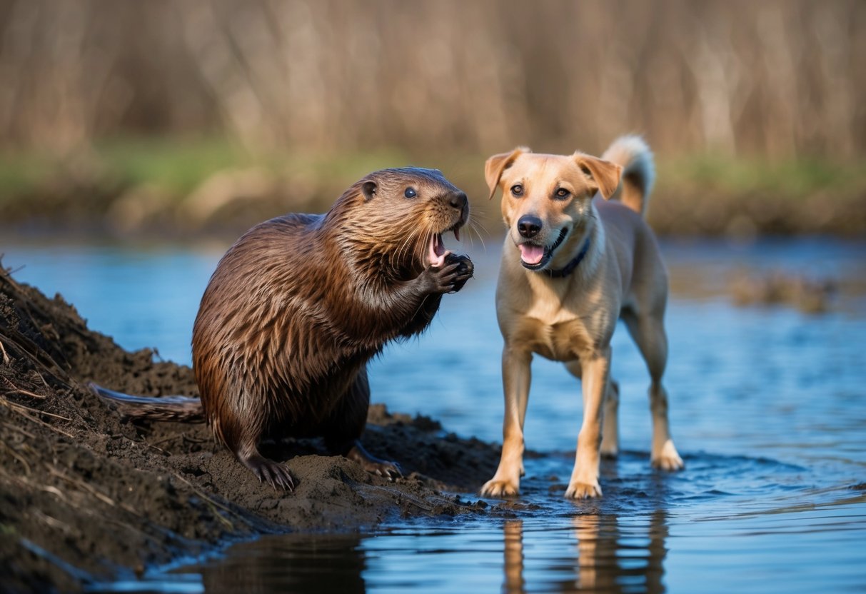 A beaver stands defensively in front of its dam, teeth bared, as a curious dog approaches cautiously