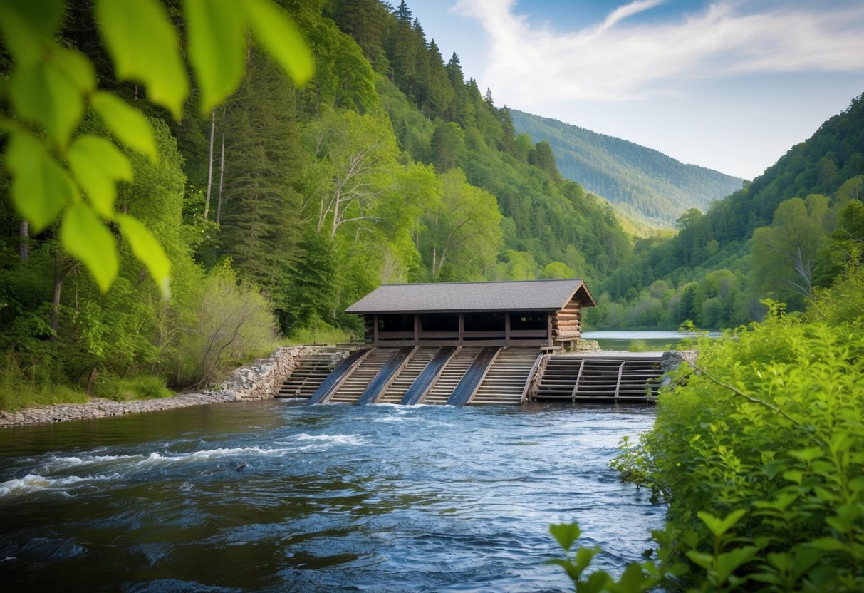 A beaver dam and lodge nestled in a tranquil river valley, surrounded by lush green foliage and the sounds of flowing water