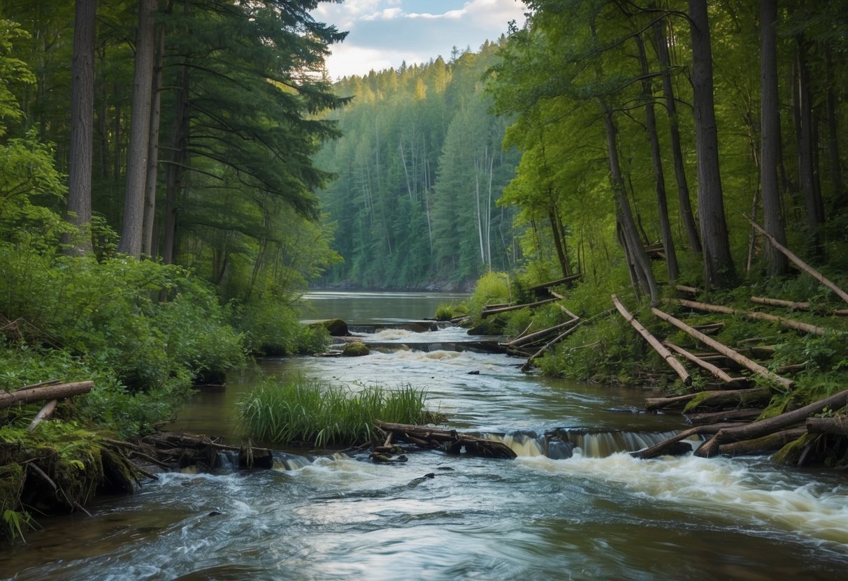 A lush forest with a flowing river, beaver dams, and an abundance of trees felled by industrious beavers