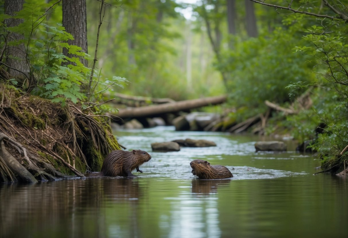A tranquil forest stream, with beavers building dams and gnawing on trees, surrounded by lush vegetation and wildlife