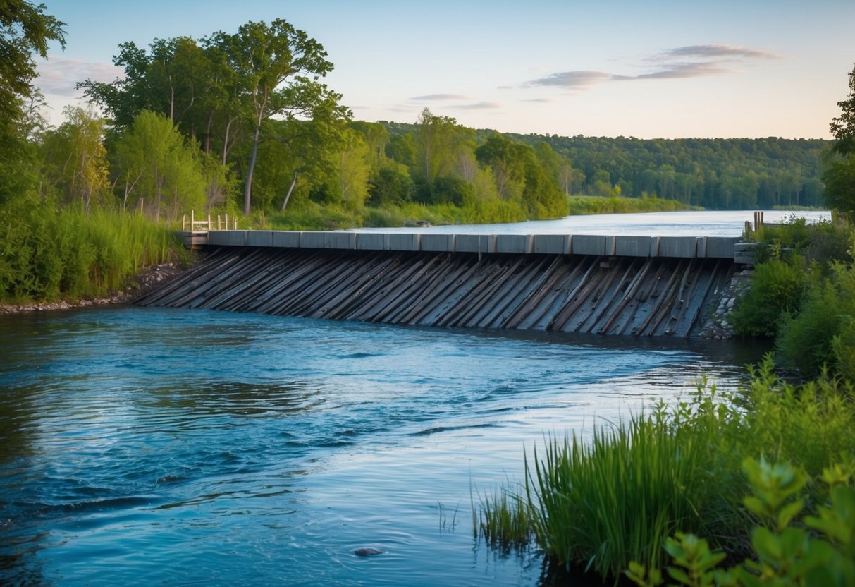 A beaver dam stretches across a serene river, surrounded by lush green vegetation and diverse wildlife