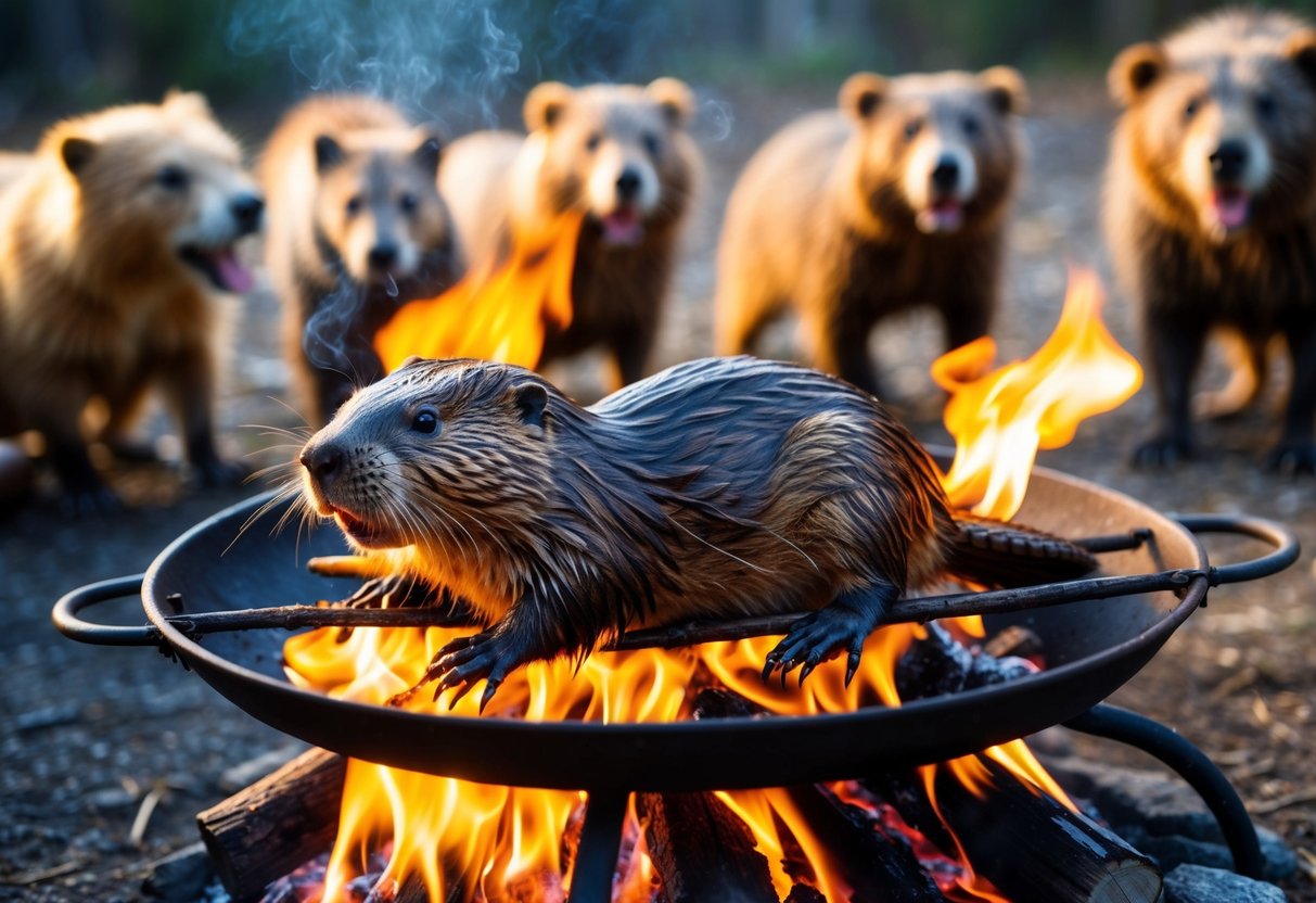 A beaver roasting over an open fire, surrounded by a group of hungry animals
