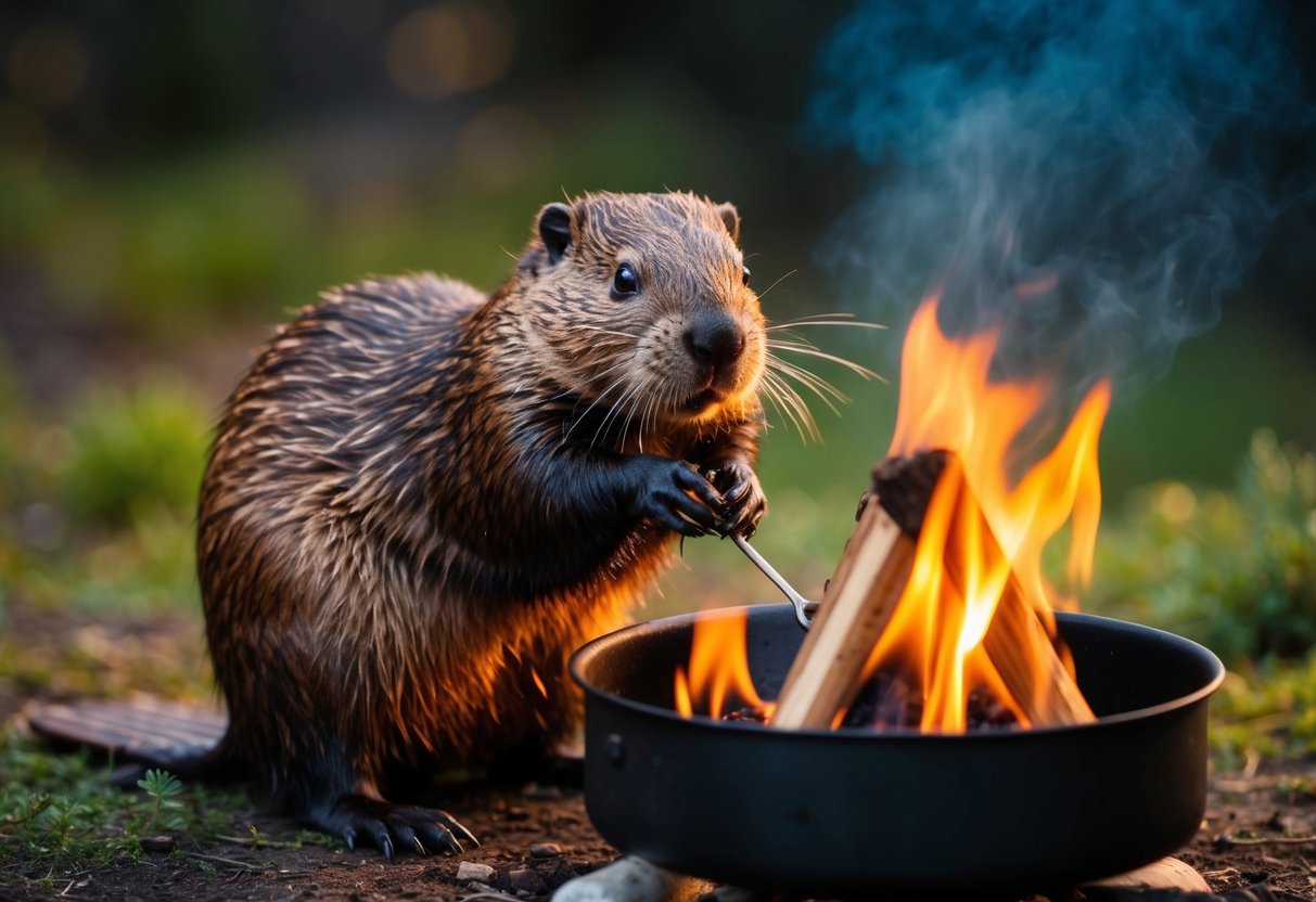 A beaver is being prepared for cooking over a campfire in the wilderness