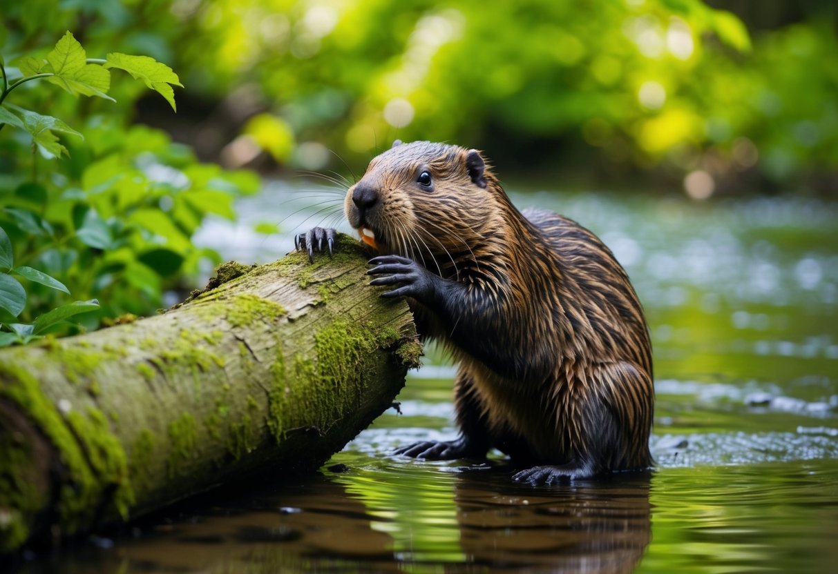 A beaver gnaws on a fresh tree trunk in a lush forest clearing, surrounded by a tranquil stream and vibrant green foliage