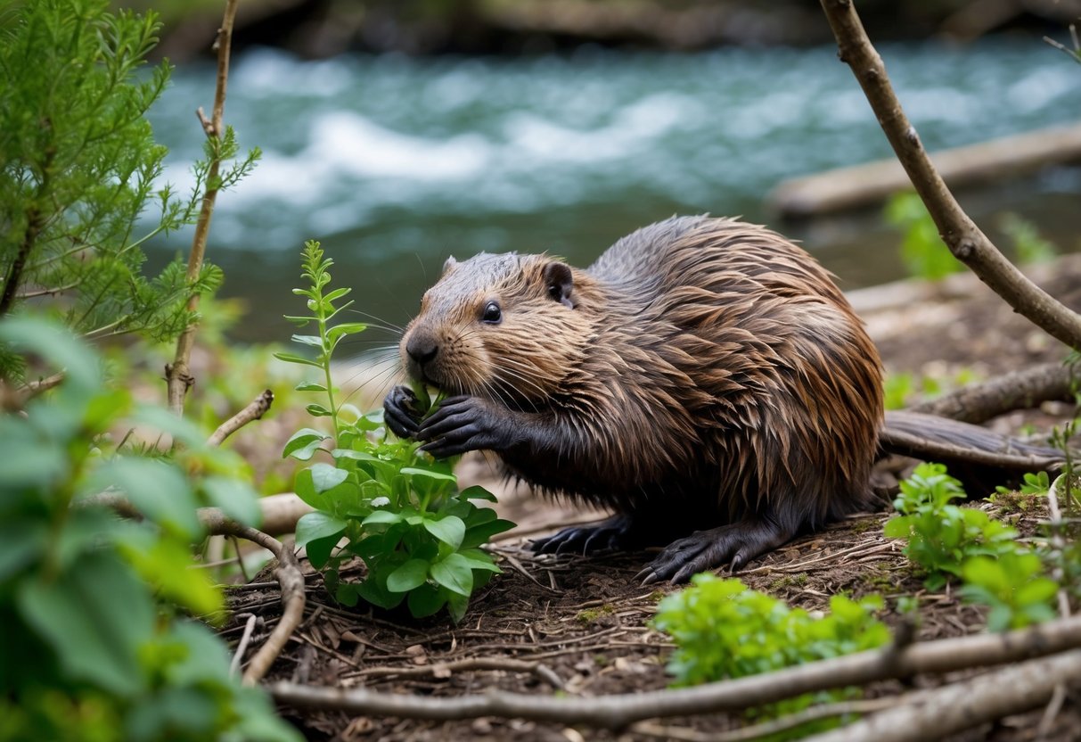 A beaver gnawing on a variety of plants and tree branches near a flowing river