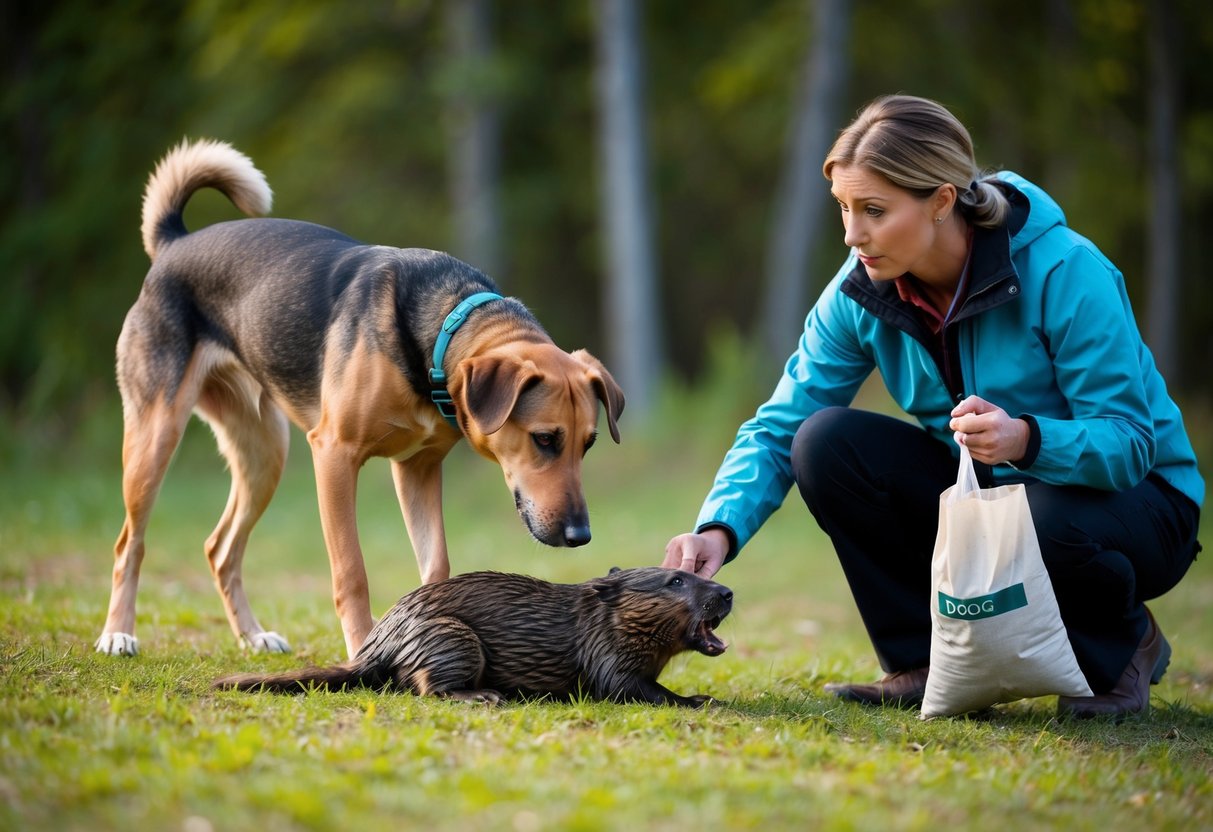 A dog eagerly sniffs a beaver carcass, while a concerned owner looks on, holding a bag of dog food