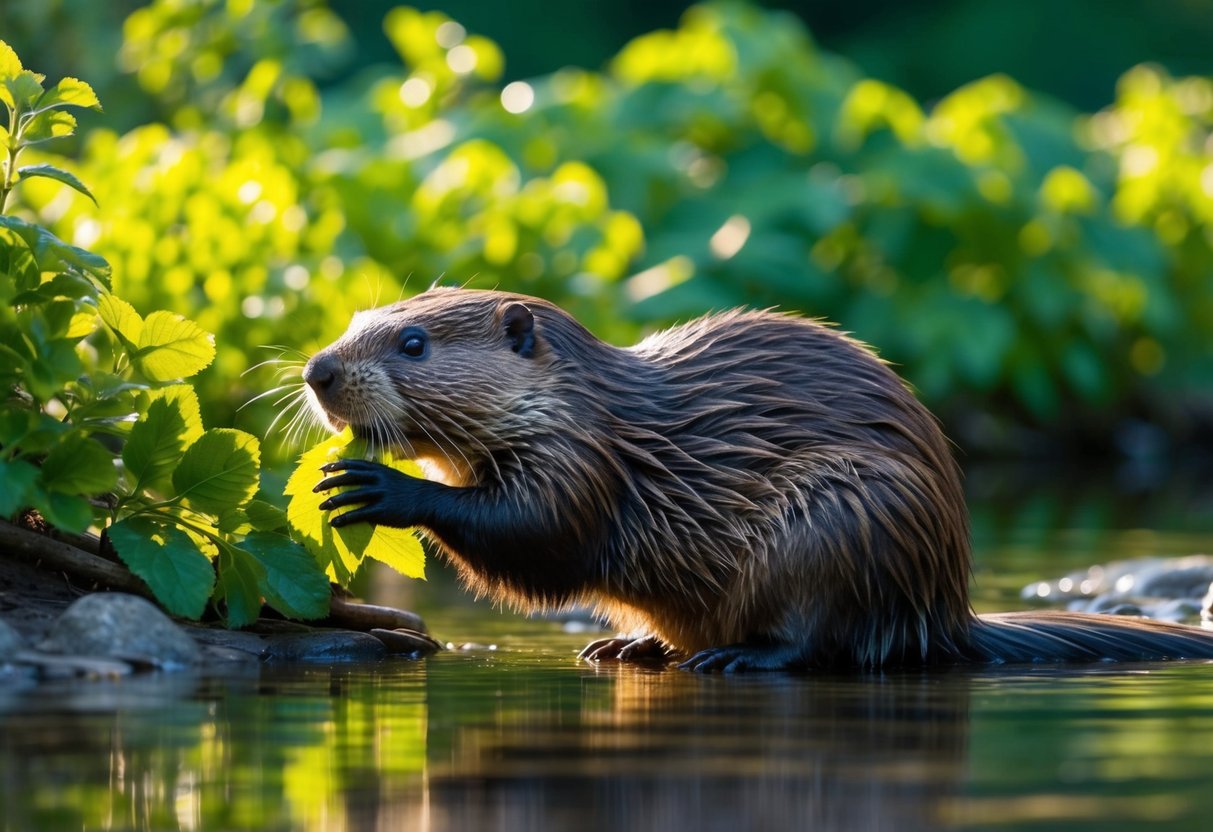 A beaver sitting by a clear stream, surrounded by lush green vegetation. Its sleek fur glistens in the sunlight as it nibbles on a leafy branch