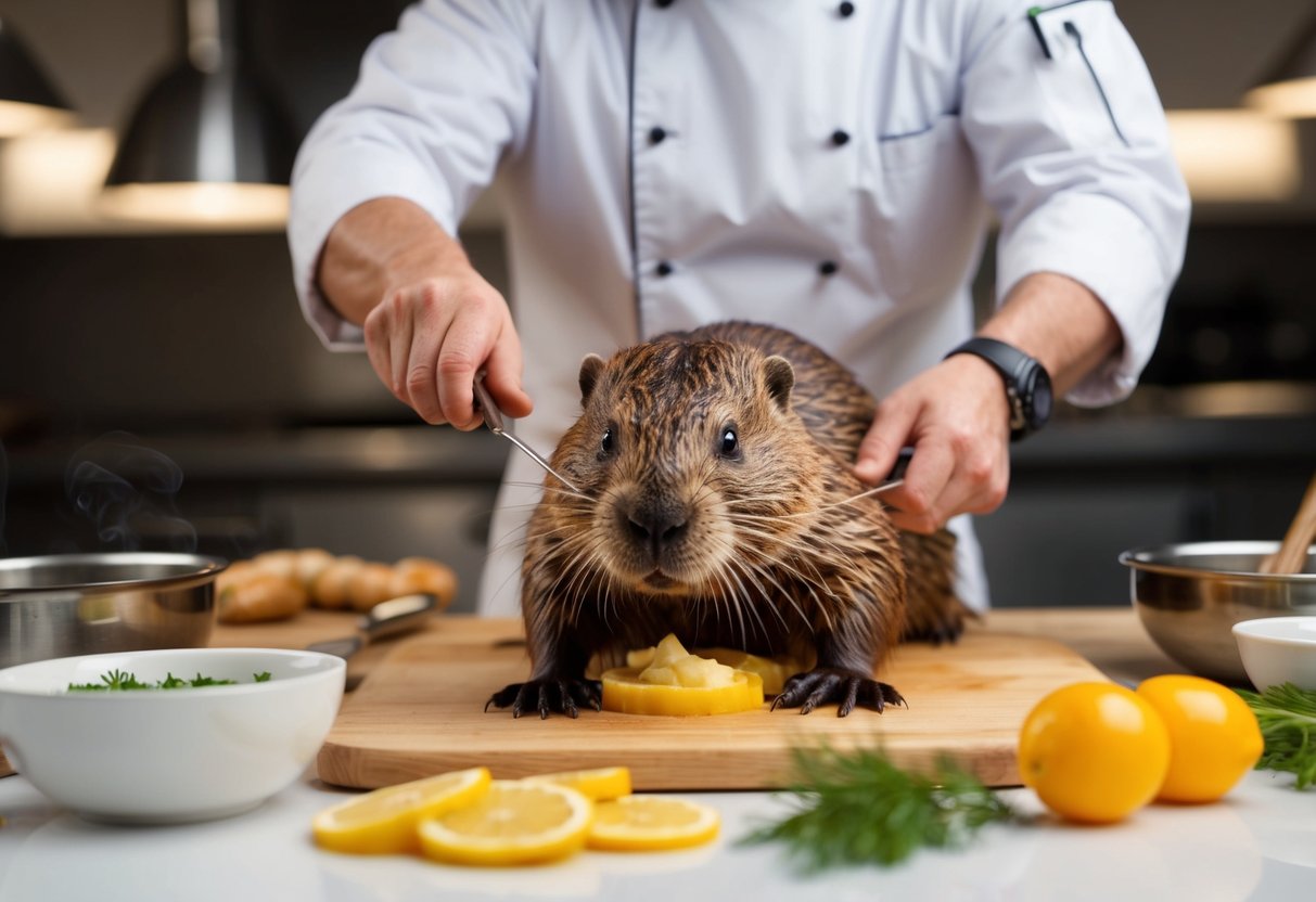 A beaver is being prepared for cooking, with a chef demonstrating culinary techniques