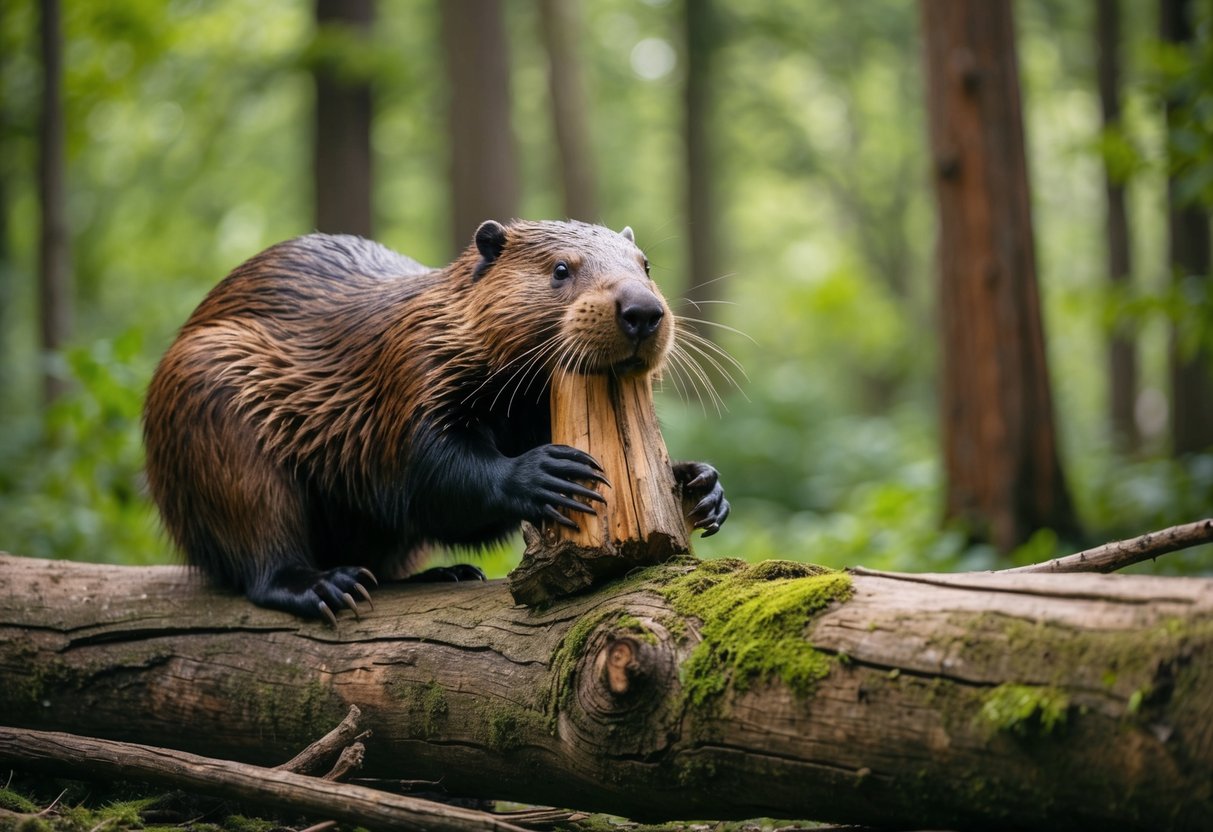 A giant prehistoric beaver, the size of a black bear, gnaws on a fallen tree in a lush, ancient forest