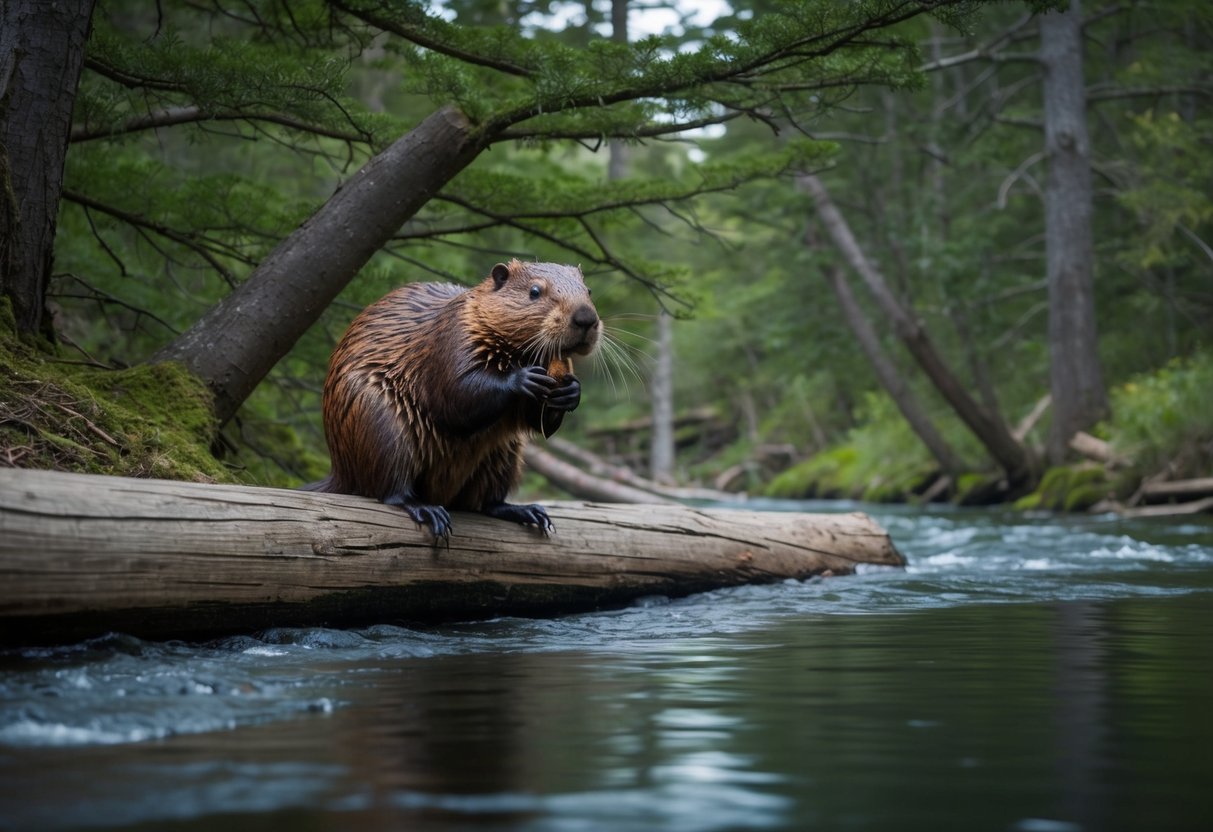 A massive beaver, towering over trees, gnaws on a fallen log by a swiftly flowing river