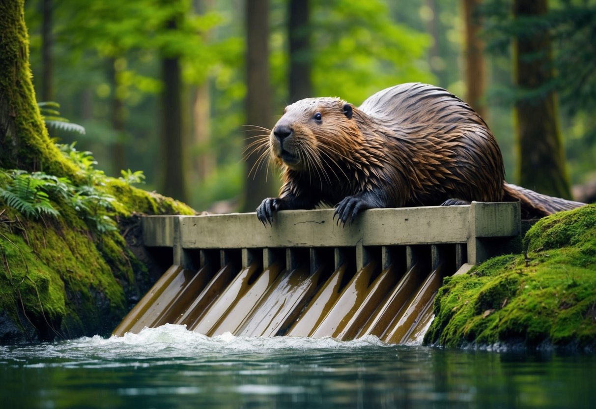 A massive prehistoric beaver building a dam in a lush, ancient forest