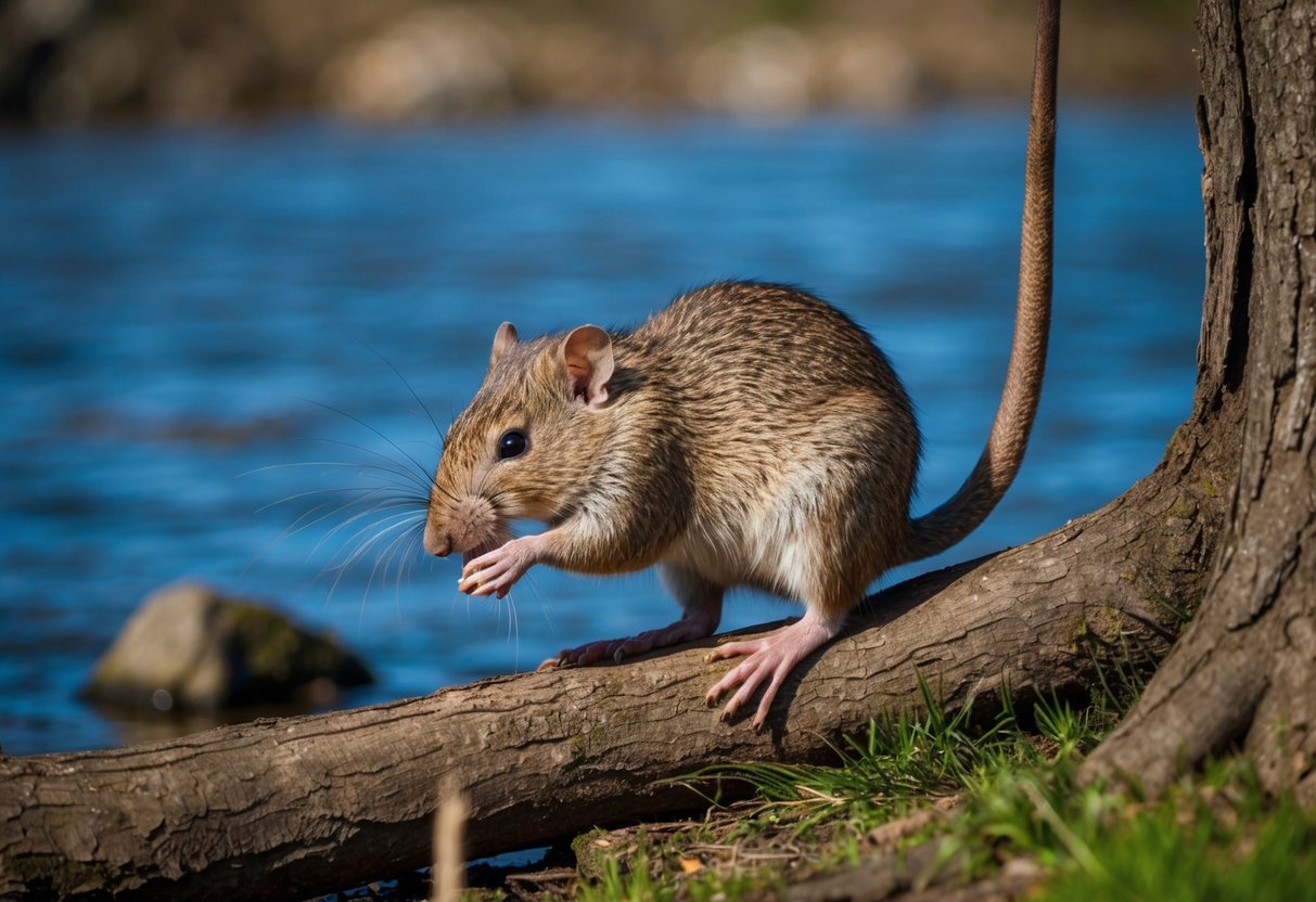 A large rodent with webbed feet and a flat tail gnaws on a tree branch near a river