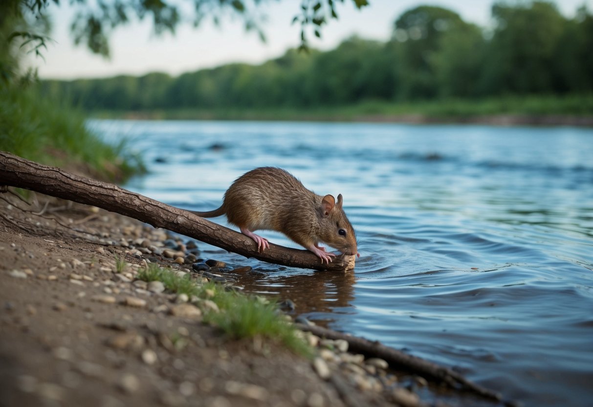 A riverbank with a large rodent swimming and gnawing on a tree branch