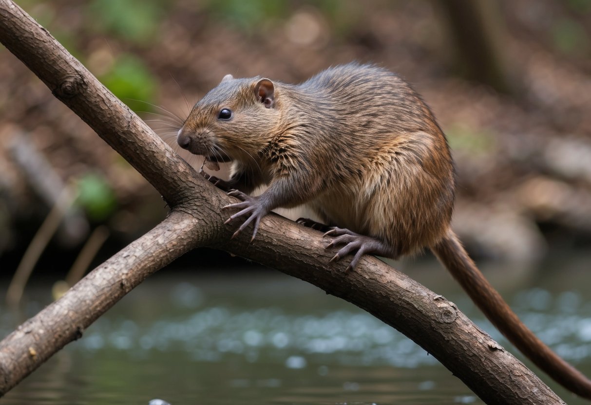 A large rodent with webbed feet gnaws on a tree branch near a river. Its flat tail and brown fur resemble a beaver, but it is actually a muskrat