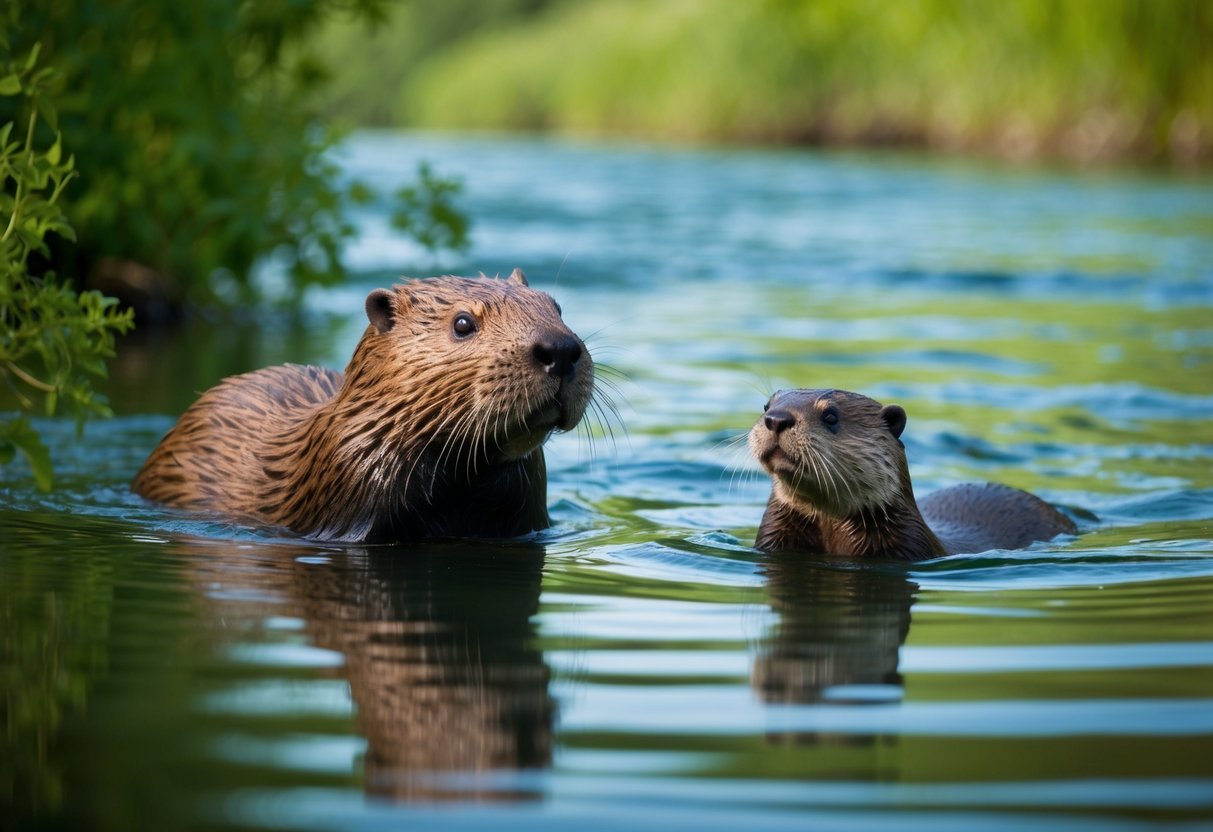 A beaver and an otter swimming in a calm river, surrounded by lush green vegetation and trees. The beaver is larger with a broad tail, while the otter is smaller with a sleek body