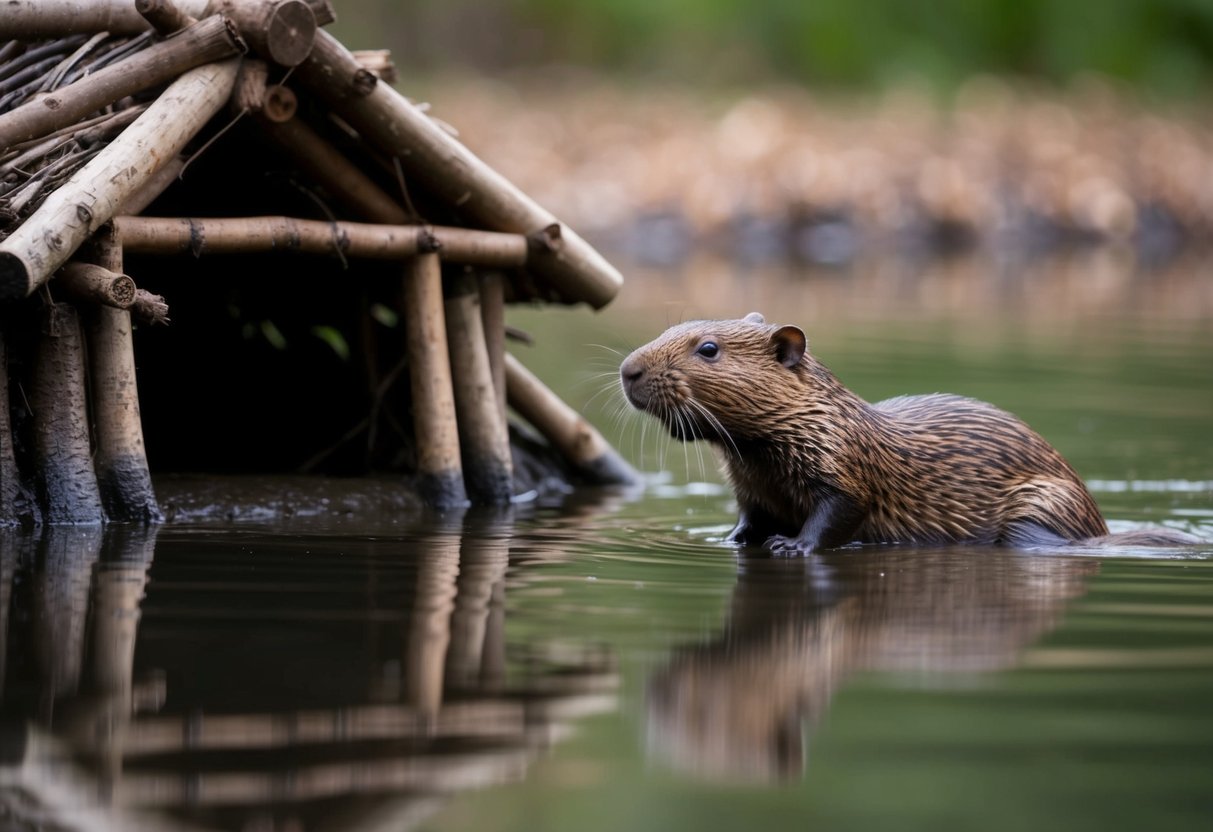 A large rodent with webbed feet and a flat tail swims near a lodge made of sticks and mud, resembling a beaver but with a different pattern of fur