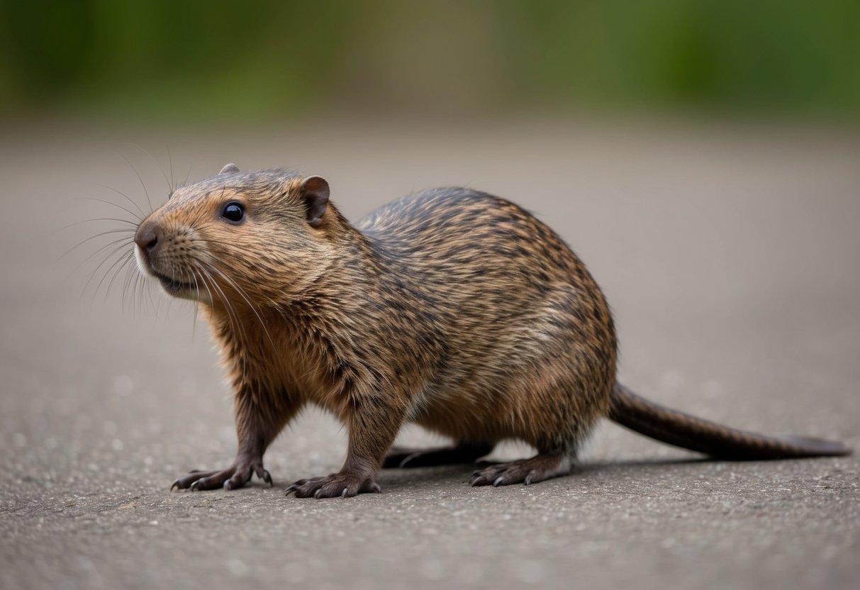 A large rodent with webbed feet and a flat tail, resembling a beaver but with a different coloration and distinct markings