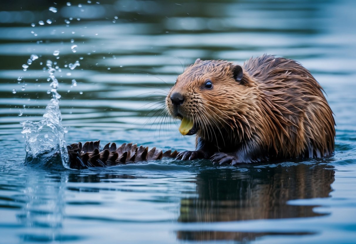 A beaver aggressively slaps its tail on the water, warning off potential threats