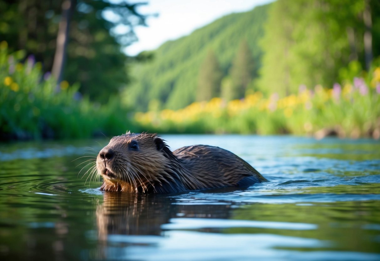 A beaver swims peacefully in a calm river, surrounded by lush green trees and vibrant wildflowers