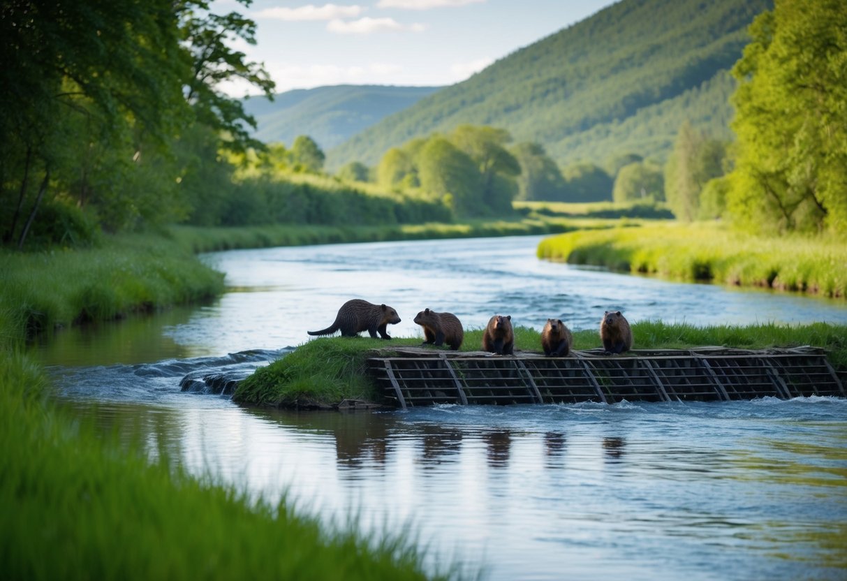 A tranquil river winding through a lush, green landscape with a family of beavers building a dam