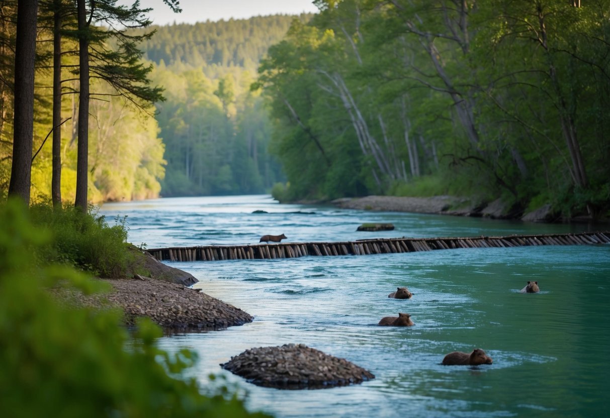 A serene river winding through a lush forest, with beaver dams visible along the banks and a few beavers swimming in the water