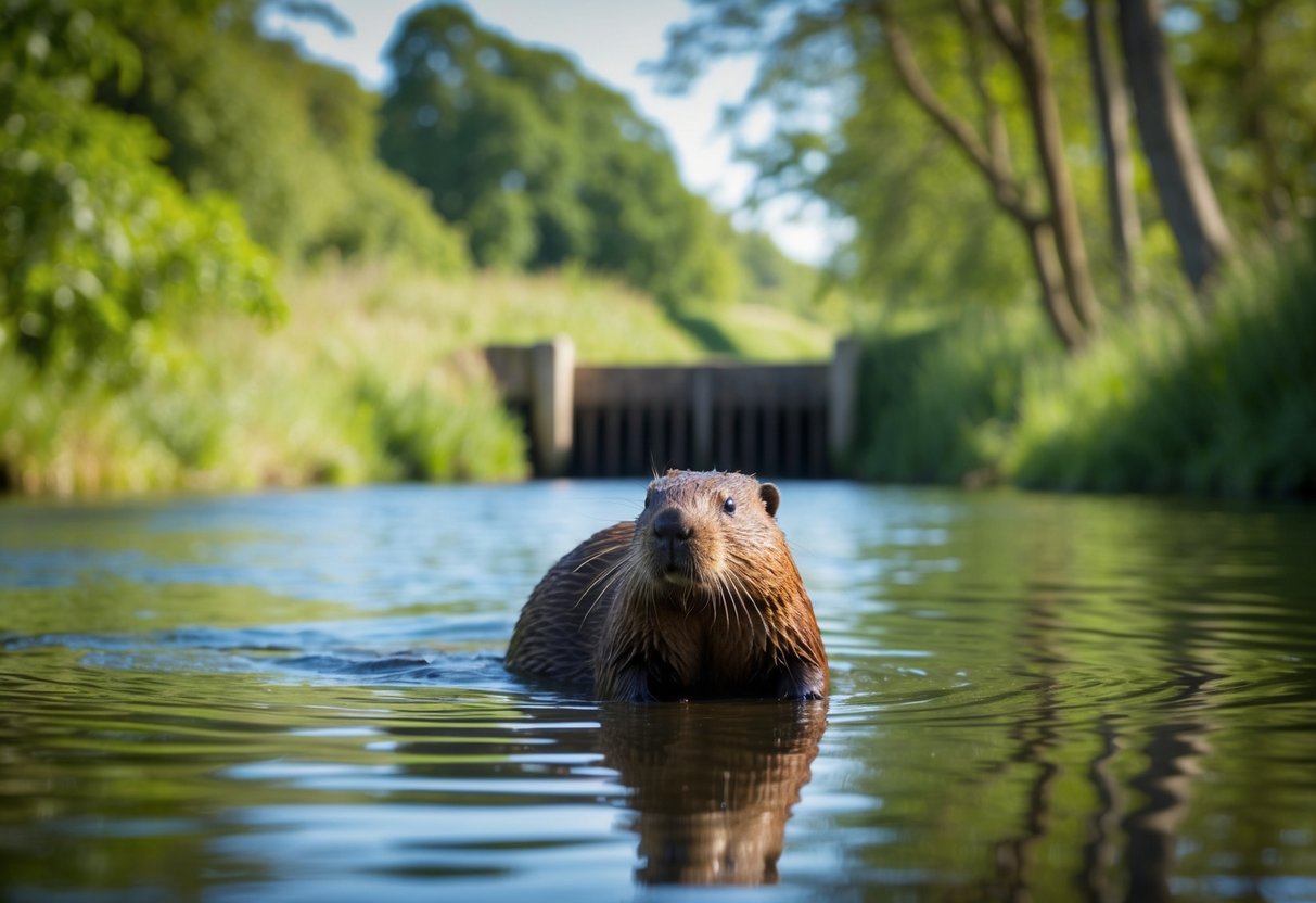 A beaver sits in a lush, riverside habitat in the UK, surrounded by trees and water, with a dam in the background