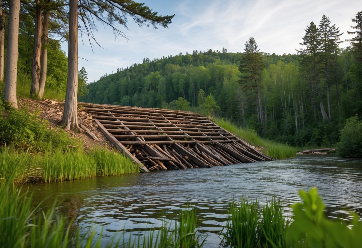 A beaver dam in a lush, riverside setting with gnawed trees and evidence of their environmental impact