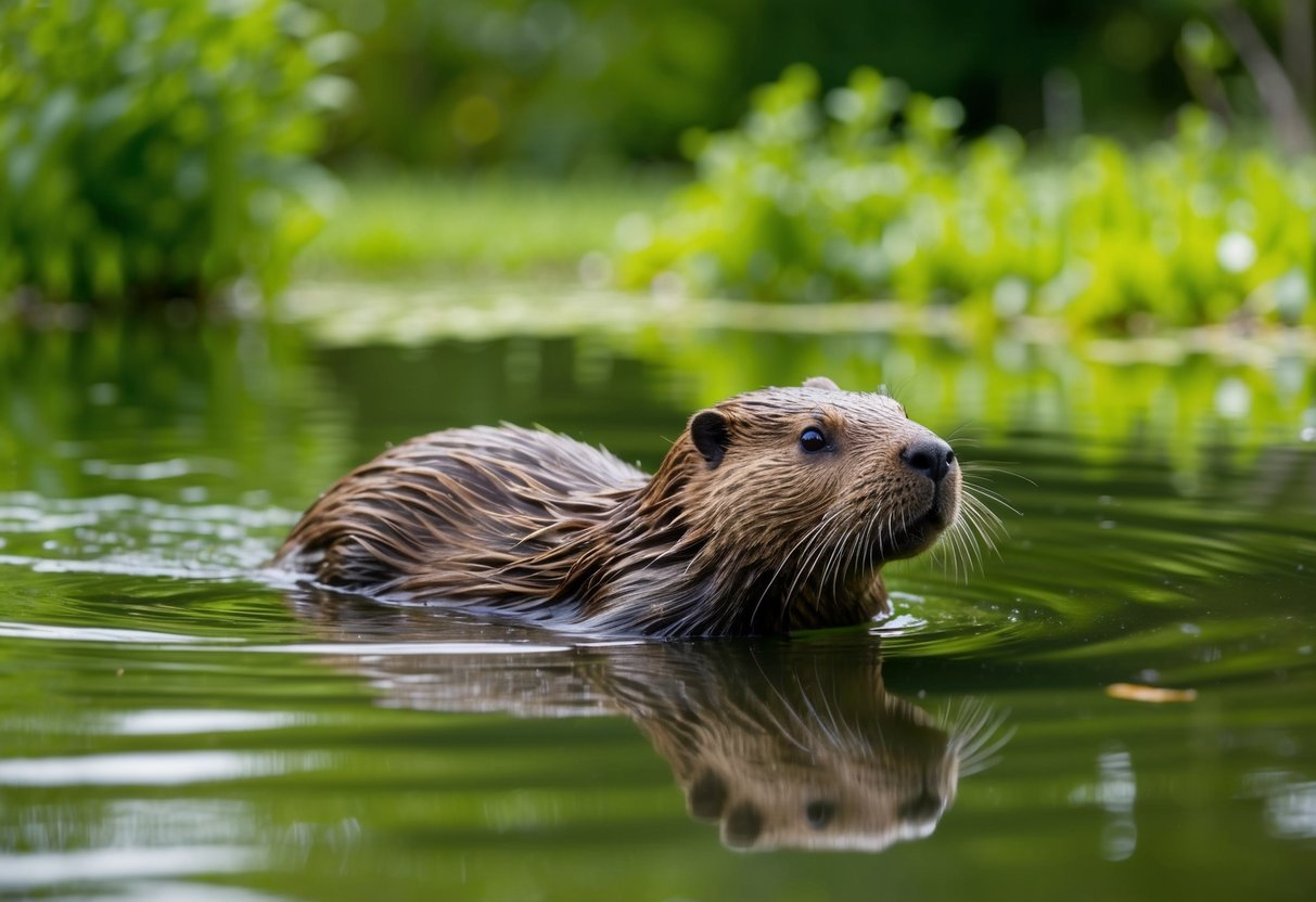 A beaver peacefully swimming in a clean, natural pond surrounded by lush green vegetation and trees in the UK