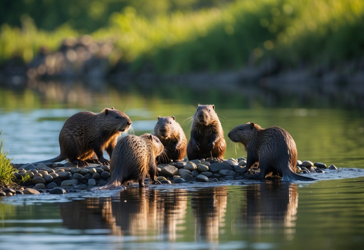 A group of beavers gather near a tranquil river, their sleek bodies glinting in the sunlight as they work to build a dam