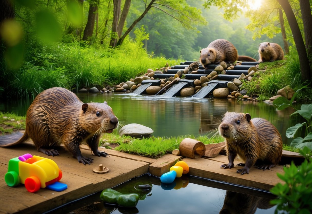 A beaver family building a dam in a lush, forested riverbank, while a curious pet beaver explores a cozy indoor habitat with toys and a small pond