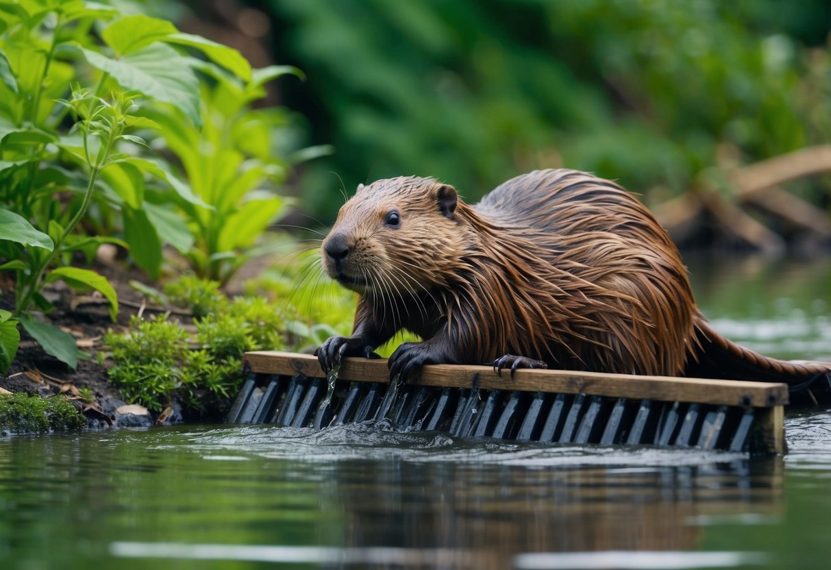 A beaver building a dam in a lush, riverside habitat, surrounded by diverse plant and animal species