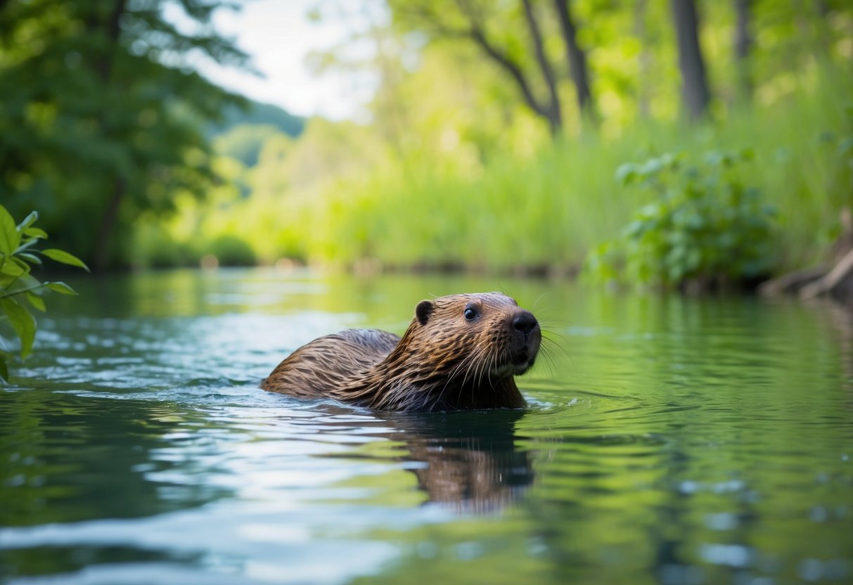 A beaver peacefully swimming in a clean, natural river habitat, surrounded by lush green trees and plants