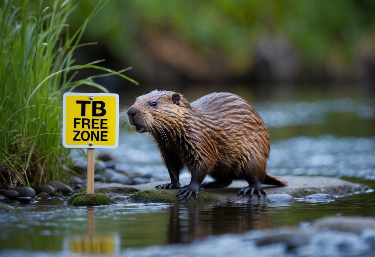 A beaver standing near a stream, with a small sign indicating "TB free zone" nearby