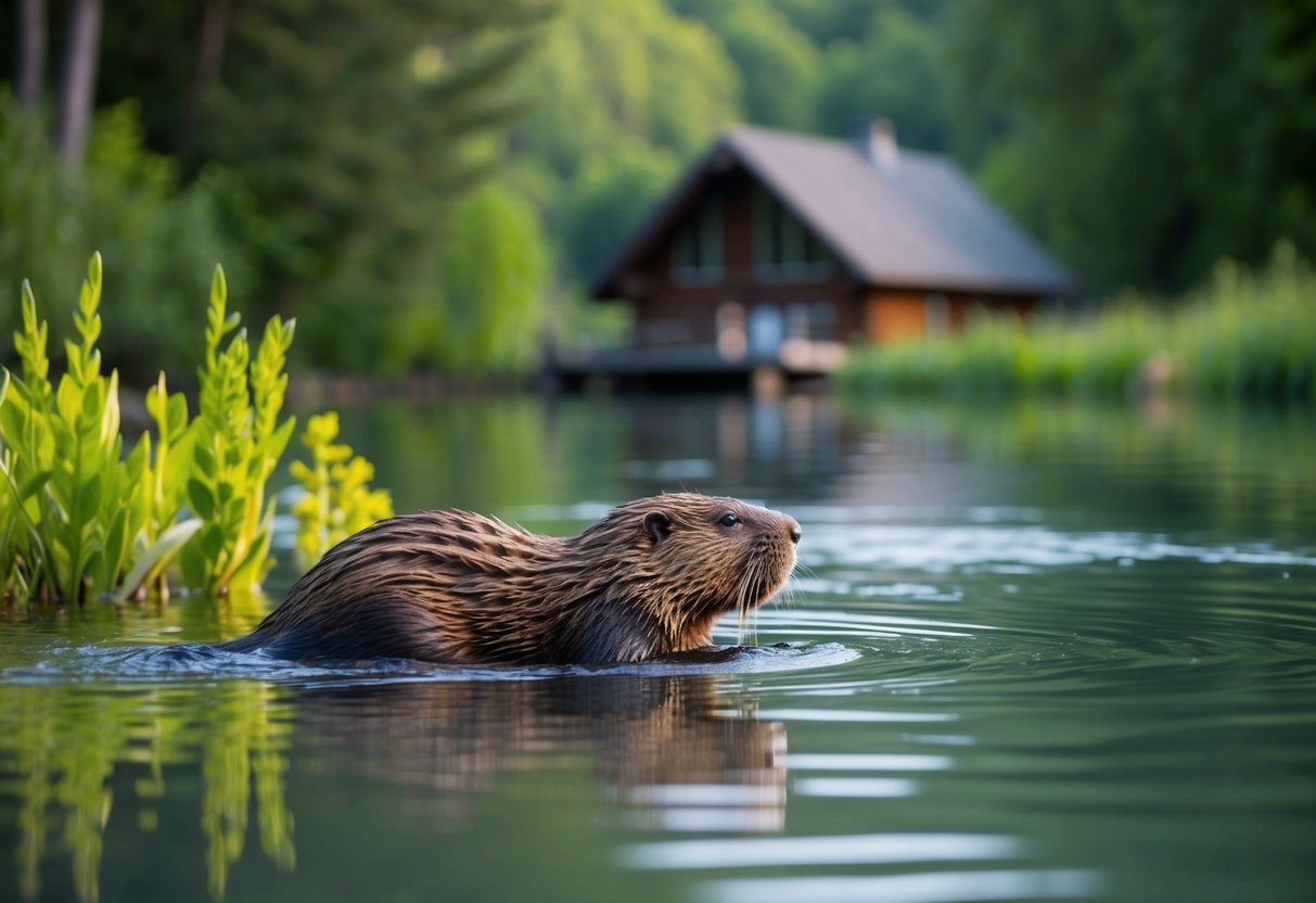 A beaver swimming near a lodge in a calm river, surrounded by lush green trees and a variety of aquatic plants