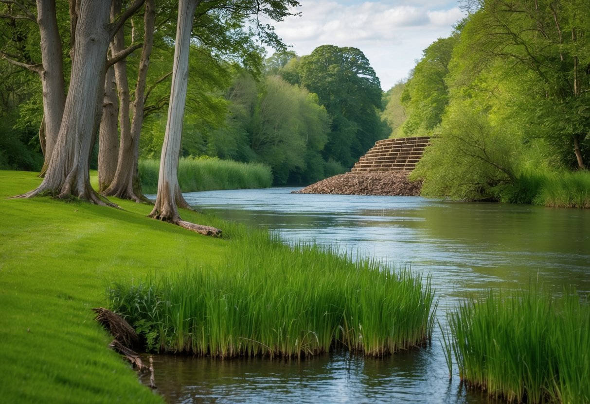 A lush English riverbank, devoid of beavers for centuries, with gnawed trees and a beaver dam in the distance