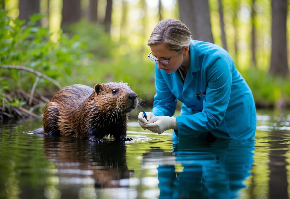 A beaver in its natural habitat, surrounded by trees and water, with a veterinarian examining its health for signs of tuberculosis