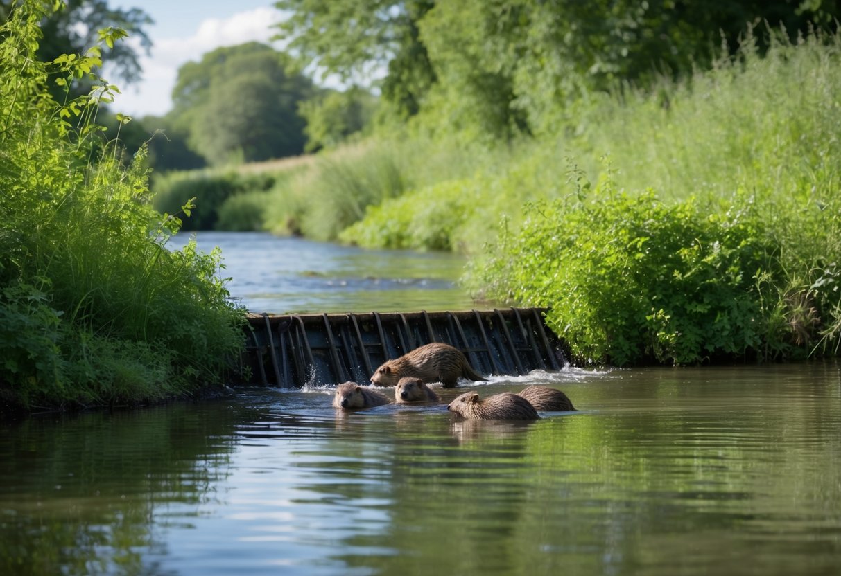 A tranquil English riverbank, overgrown with lush vegetation, as a family of beavers builds a dam and swims in the clear water
