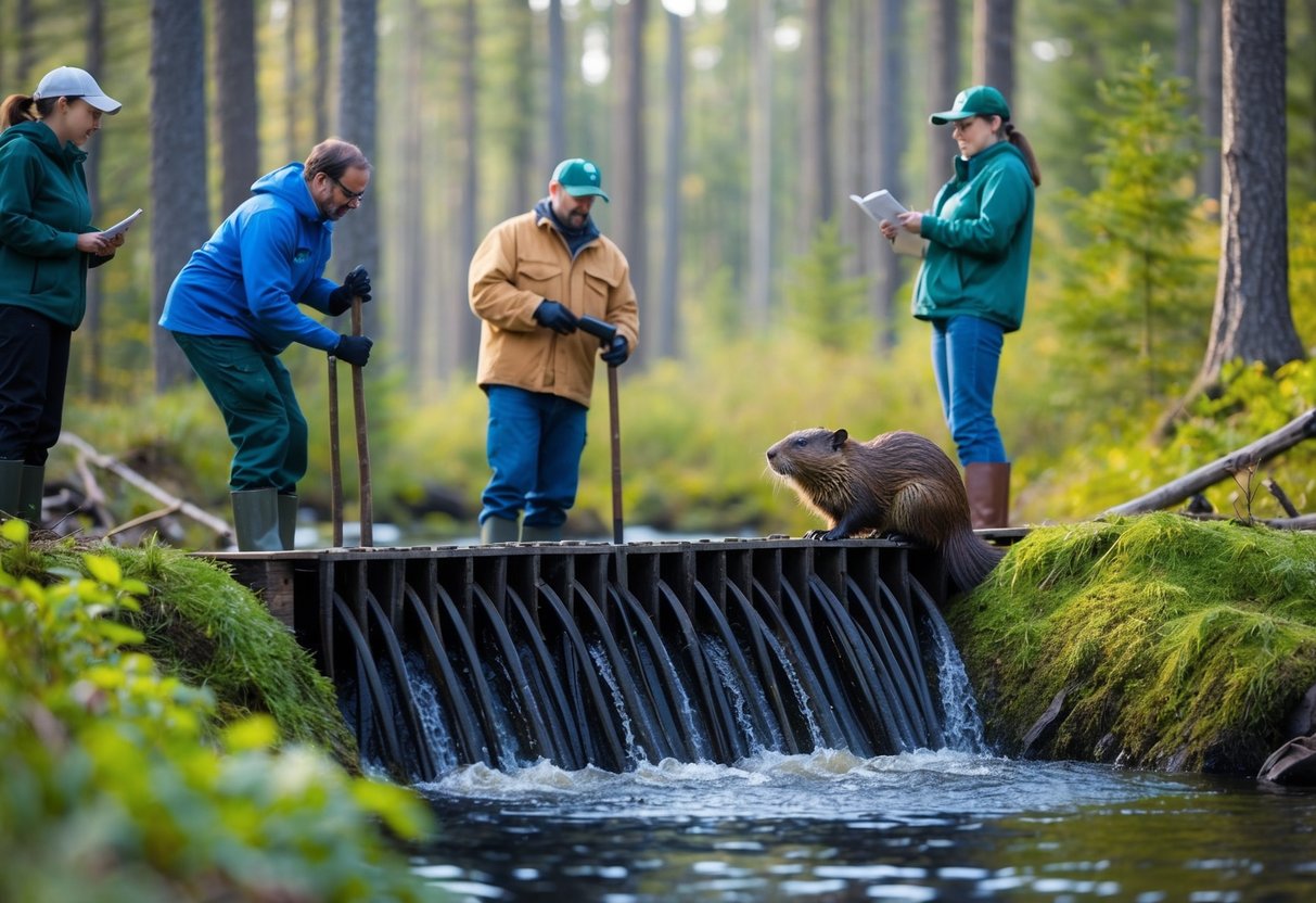 Beavers building a dam in a forest, while researchers observe for signs of TB