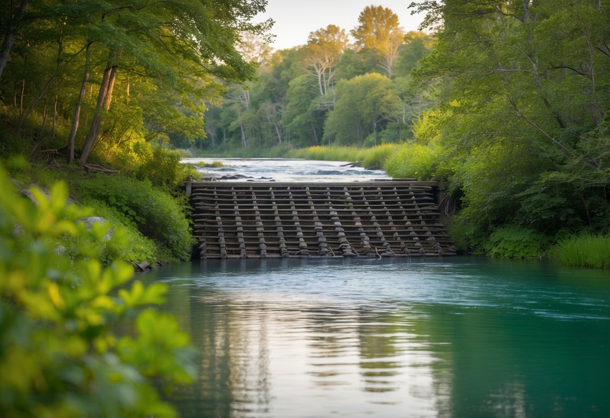 A beaver dam nestled in a tranquil river, surrounded by lush greenery and the gentle sounds of nature