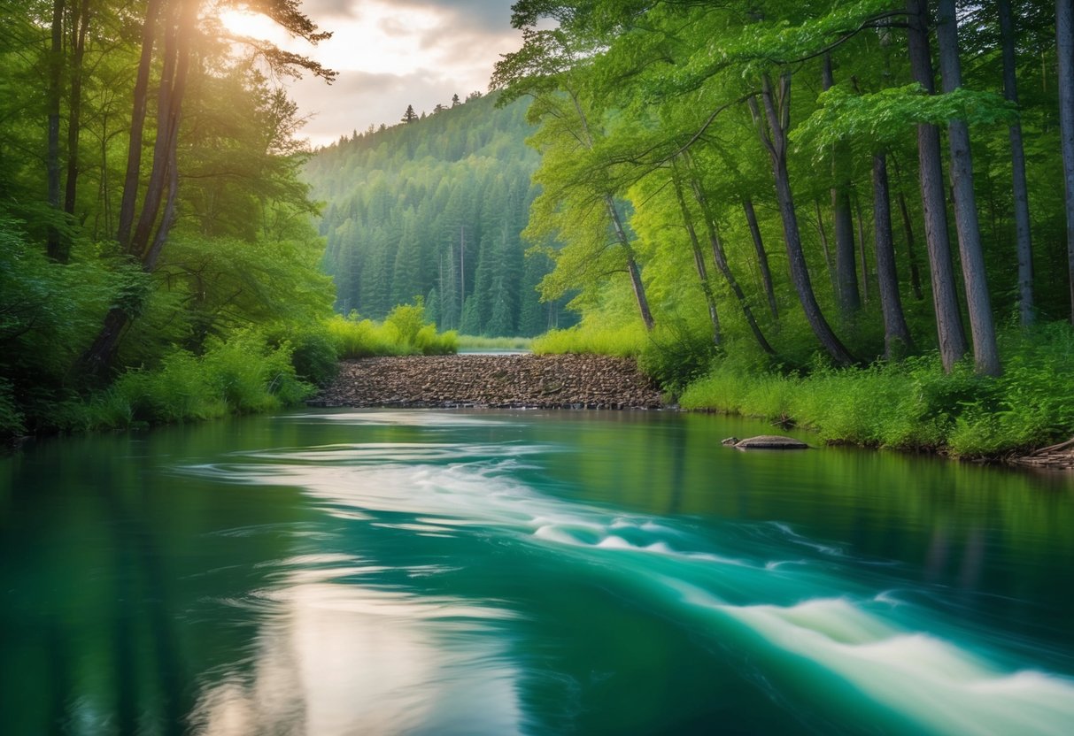 A tranquil river flowing through a lush forest, with a beaver dam visible in the distance and the sound of wildlife echoing through the trees