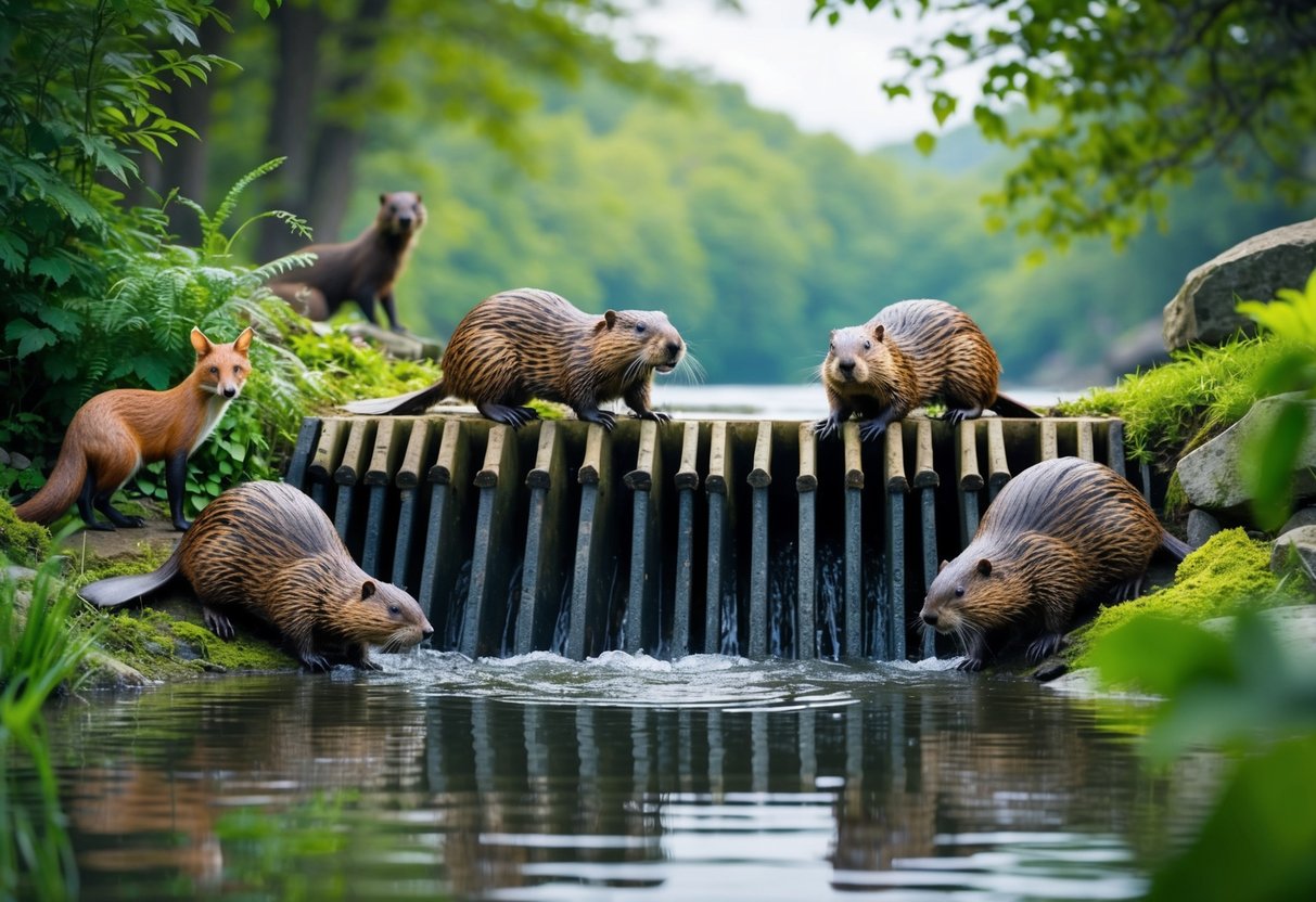 A beaver family building a dam in a serene river setting, surrounded by lush greenery and various animals, including a lurking predator like a fox or otter