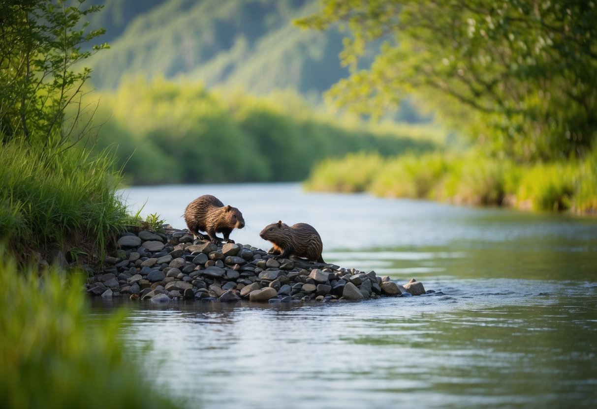 Beavers building a dam in a serene river setting, surrounded by lush greenery and wildlife