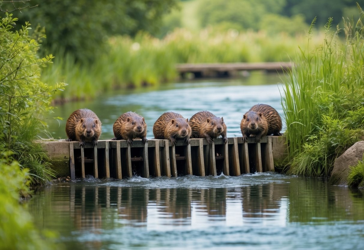 A group of beavers building a dam in a serene English river, surrounded by lush greenery and wildlife