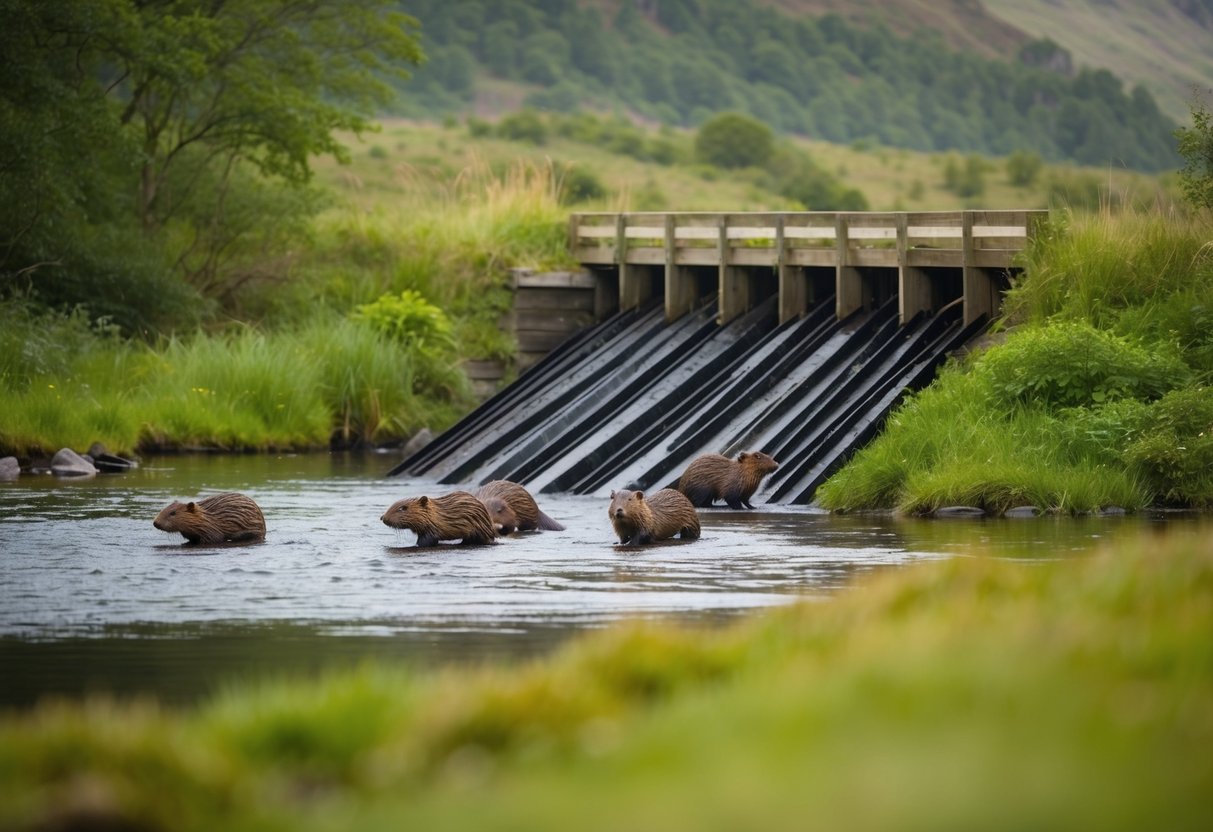 Beavers building a dam in a Scottish river, surrounded by lush greenery and wildlife