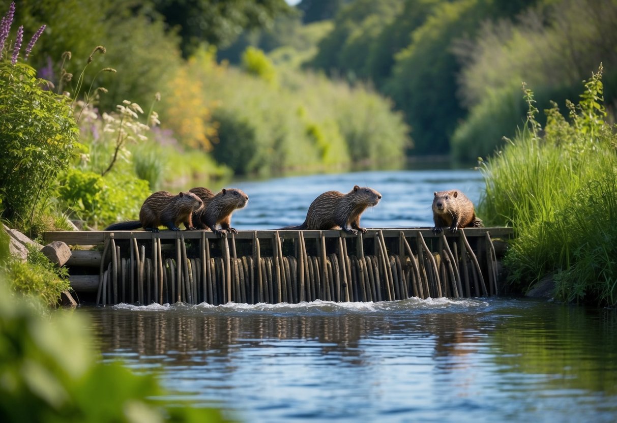 A beaver family building a dam in a lush English river, surrounded by diverse wildlife and thriving vegetation