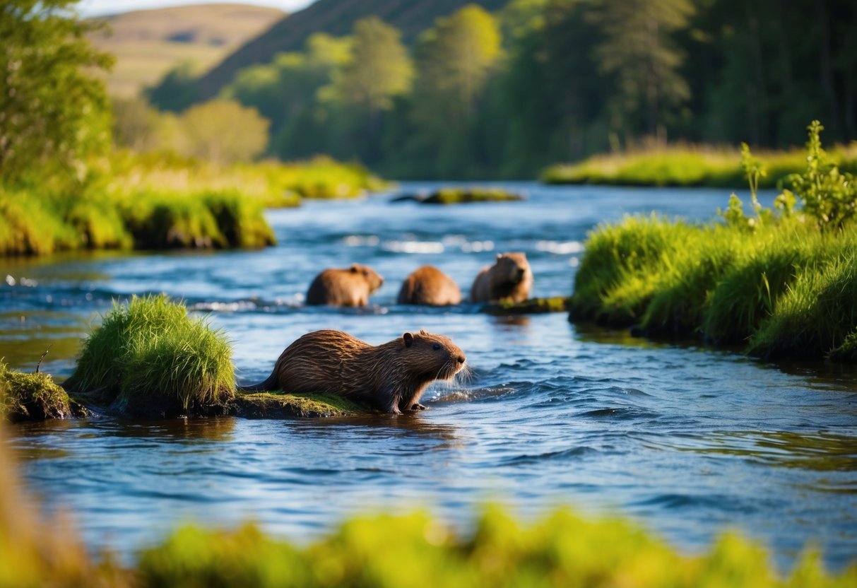 Beavers building dams in a Scottish river, surrounded by lush greenery and wildlife