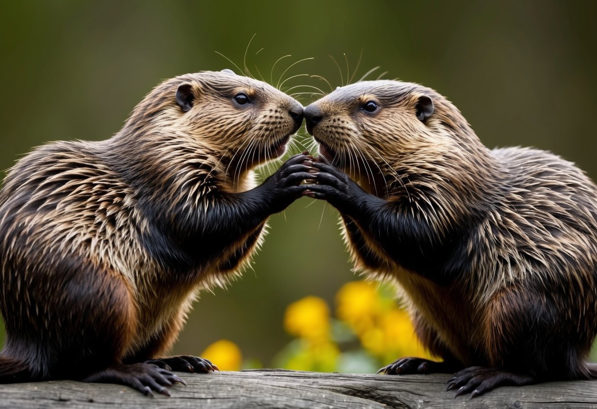 Two beavers nuzzle each other, their bodies pressed close in a display of affection
