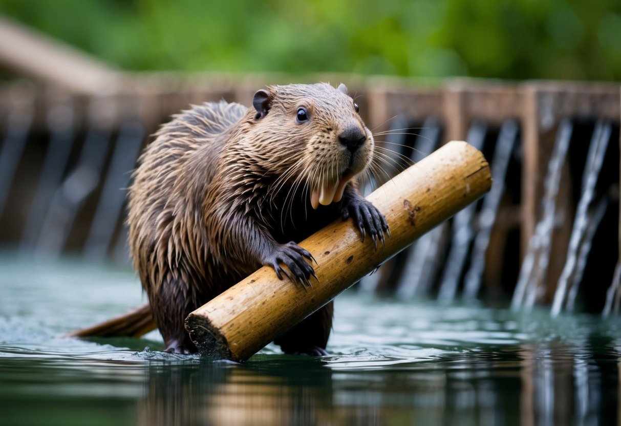 A beaver building a dam with its strong teeth and carrying logs with its flat tail