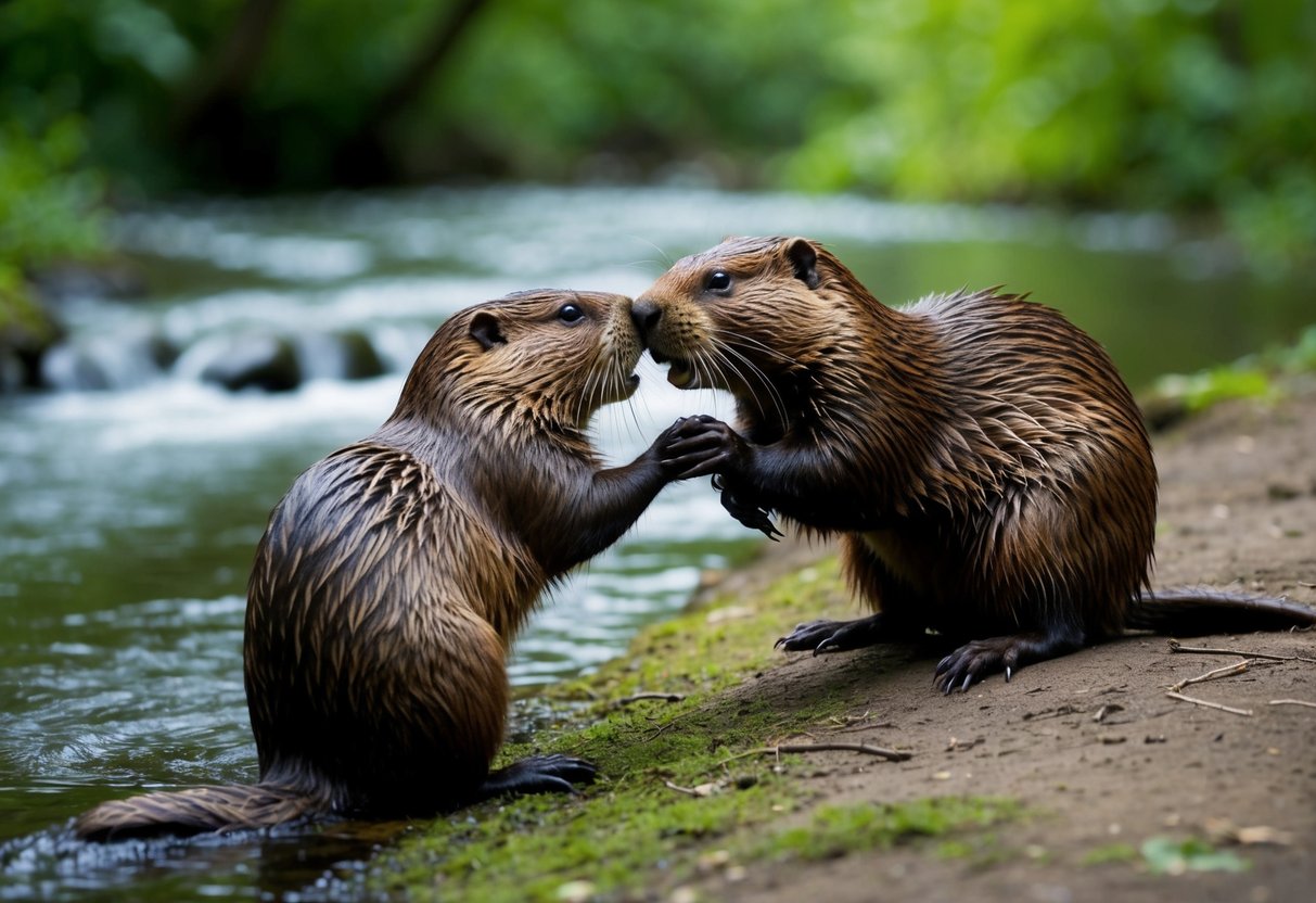 A beaver grooming another beaver, nuzzling and touching noses affectionately near a flowing stream in a lush forest setting