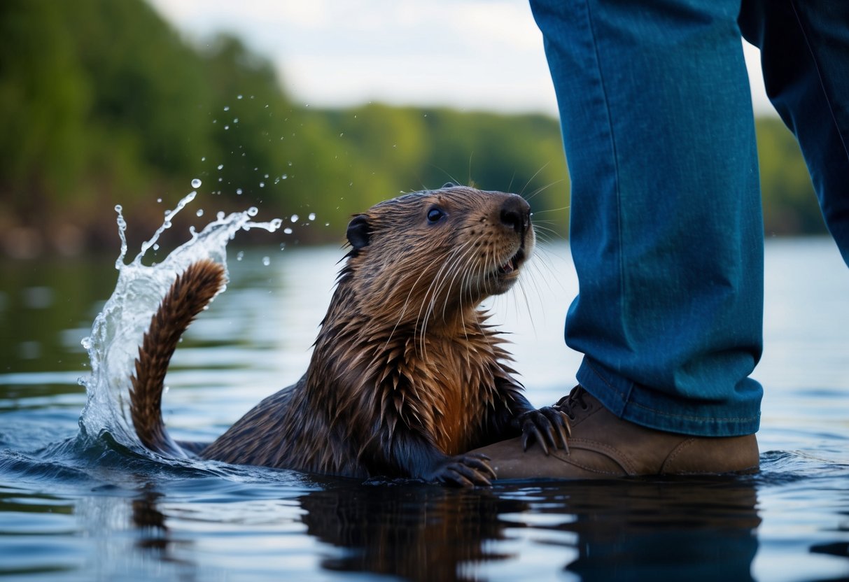 A beaver nuzzles against a person's leg, its tail slapping the water in excitement